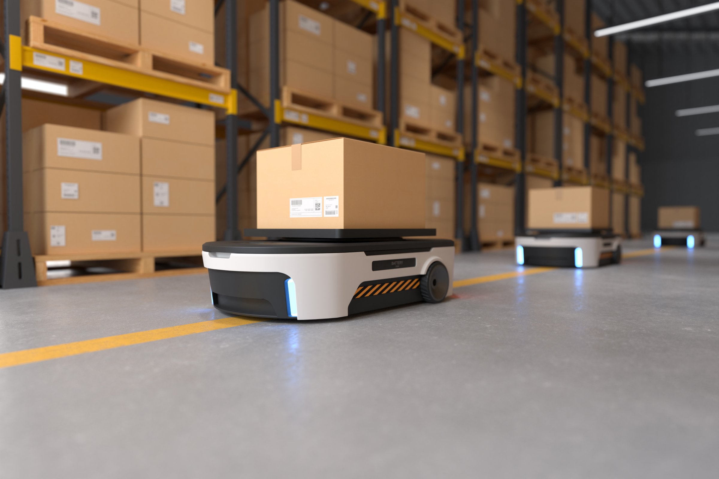 Robottransport van pakketten in een geautomatiseerd magazijn
